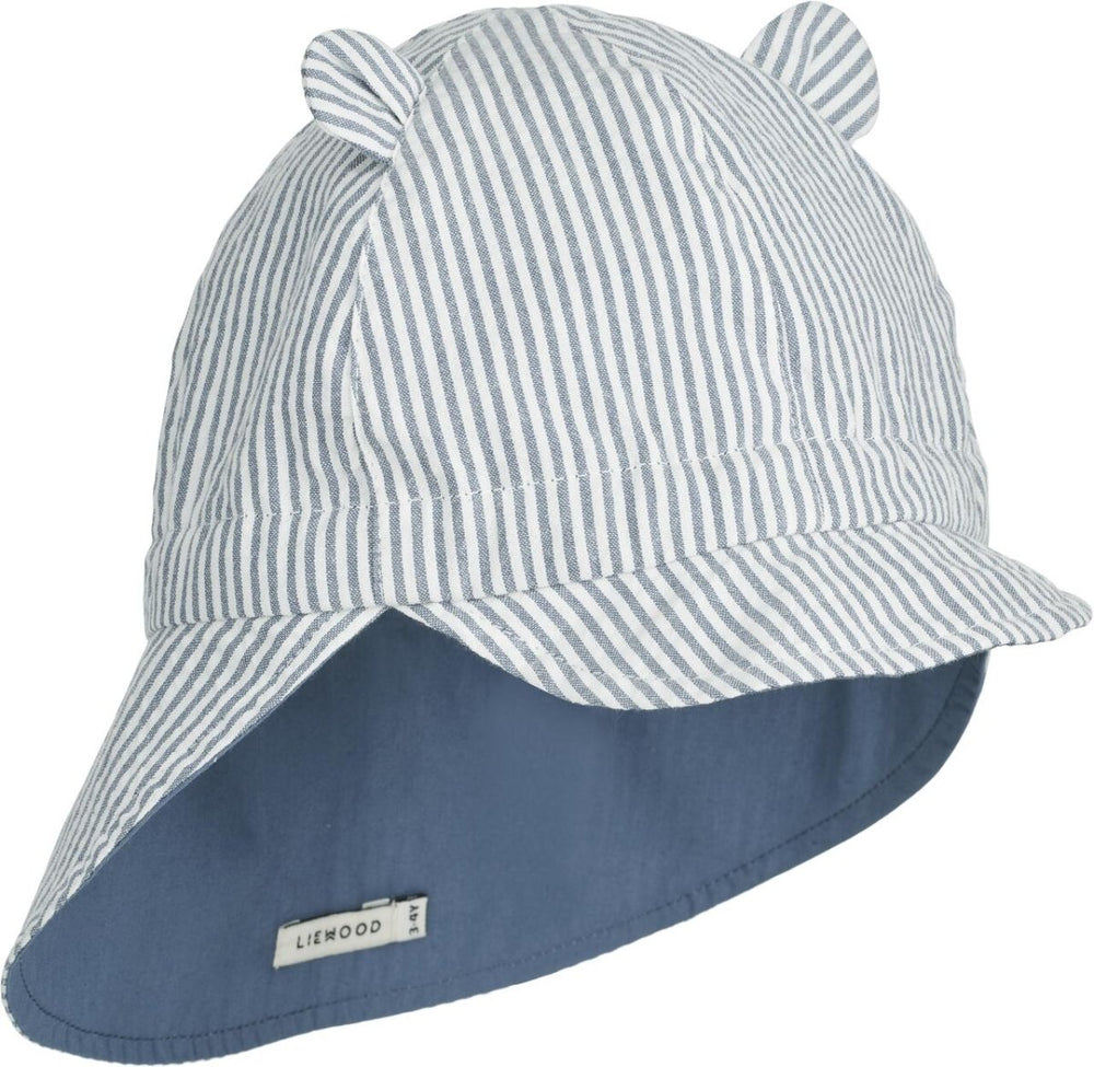 Dwustronna czapka przeciwsłoneczna z uszkami Stripe Blue wave and creme de la creme - Liewood